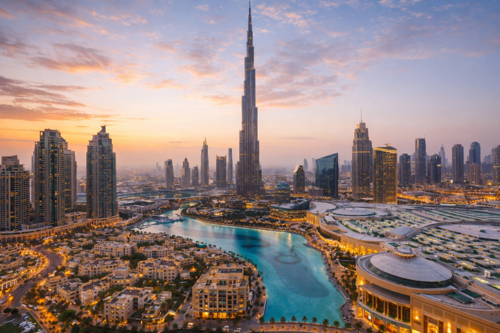 Downtown Dubai skyline hotels near Burj Khalifa.