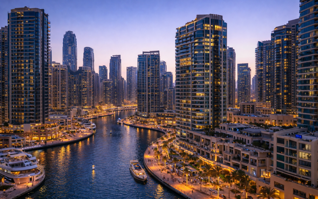 Dubai Marina waterfront hotels and luxury skyline view in Dubai at sunset, United Arab Emirates.