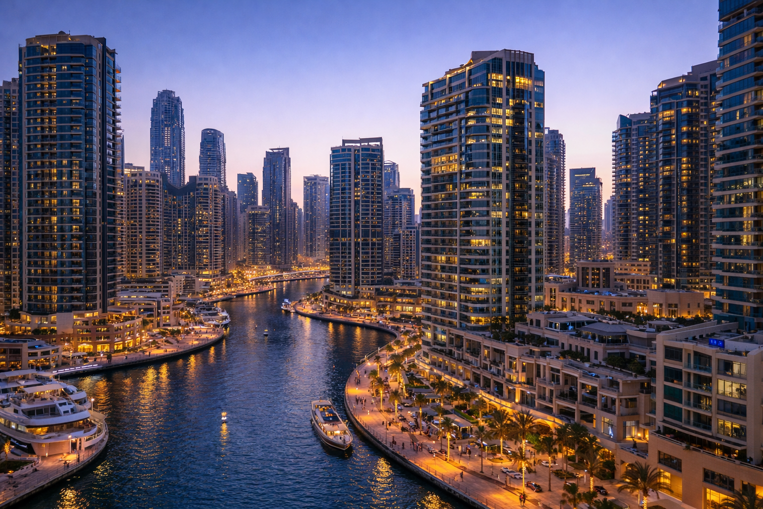Dubai Marina waterfront hotels and luxury skyline at sunset.