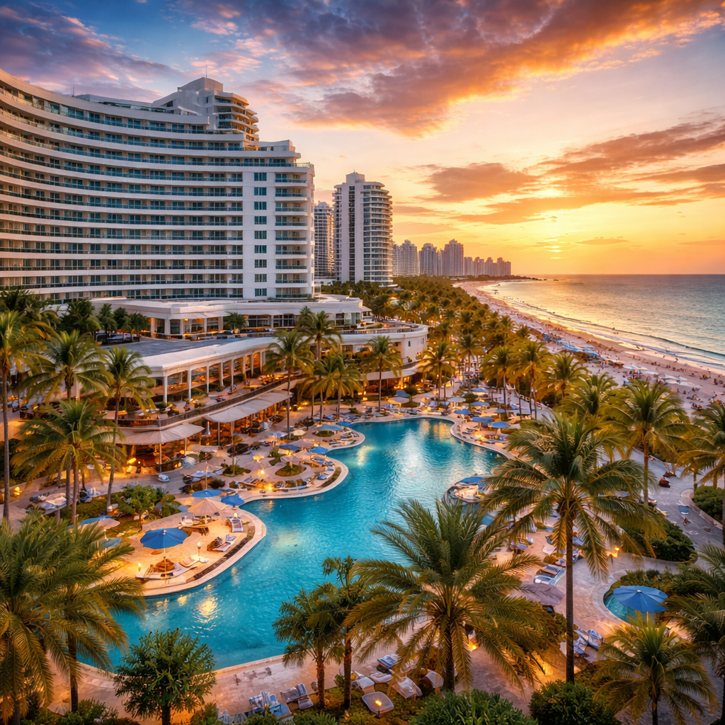 Miami skyline at sunset over Miami Beach.