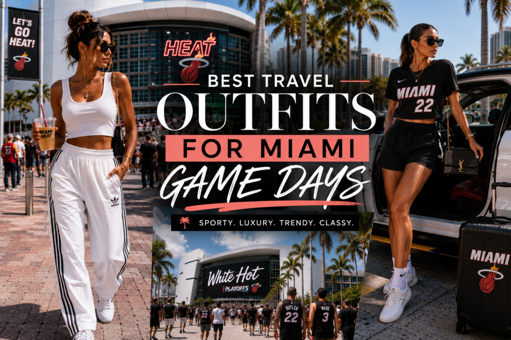 Luxury Miami game day travel fashion featuring trendy sporty outfits, Adidas track pants, sneakers, and Miami playoff style inspiration.
