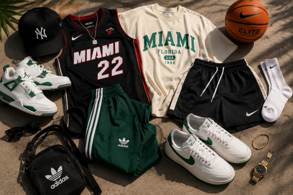 Luxury Miami game day flat lay featuring sporty travel outfits, Miami basketball fashion, Adidas track pants, Nike sneakers, luxury accessories, and modern streetwear styling.