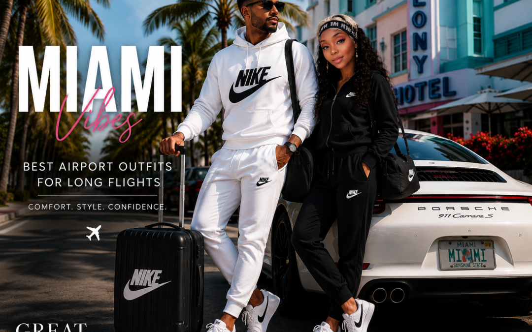 Stylish couple in Nike airport outfits beside a luxury car in Miami featuring comfortable fashion ideas for long flights