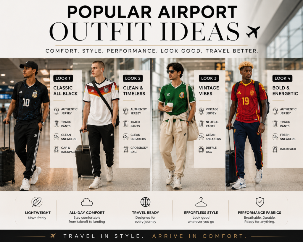 Luxury airport outfit ideas with Adidas FIFA jerseys and stylish travel fashion