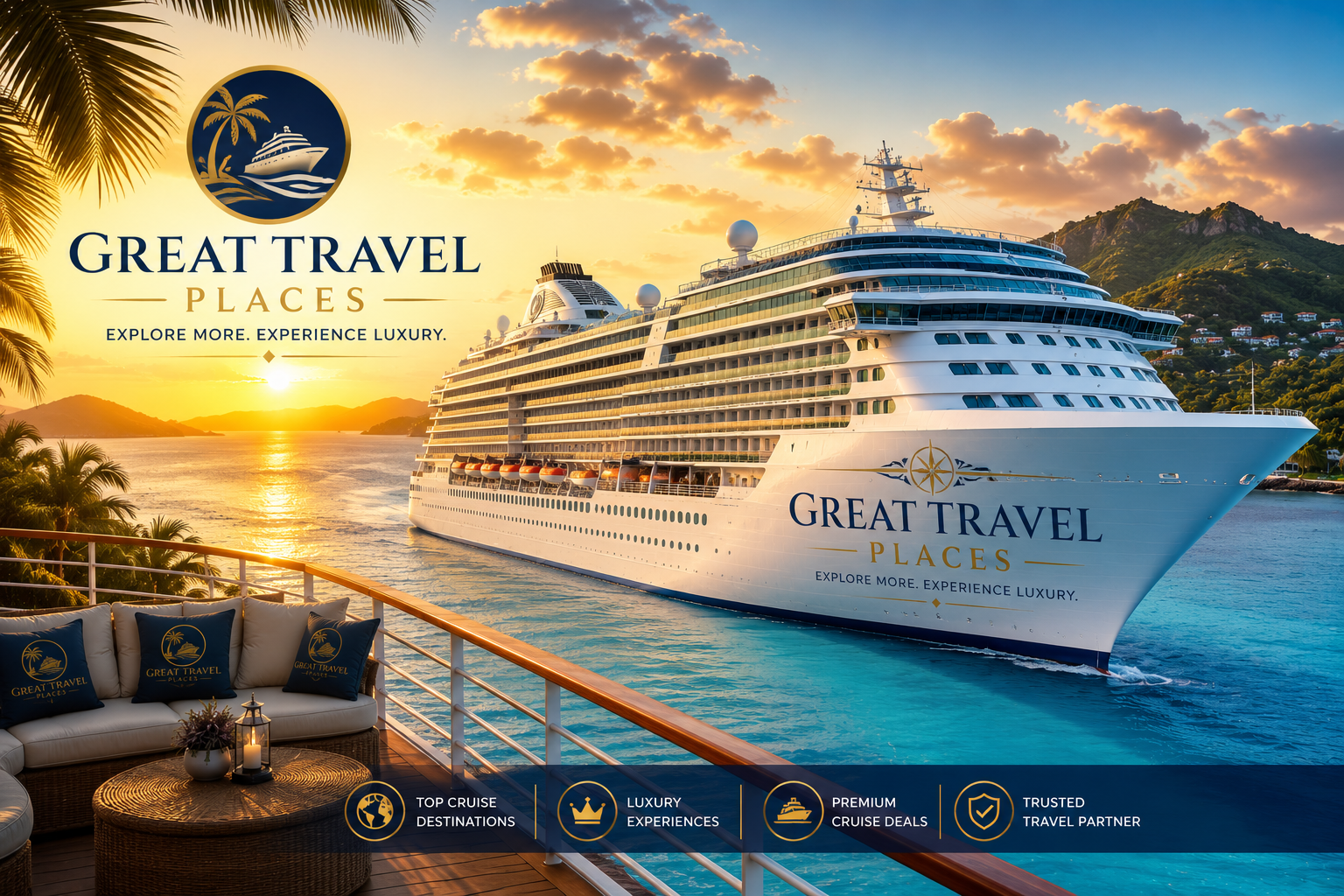Luxury cruise ship with Great Travel Places branding sailing across tropical ocean at sunset