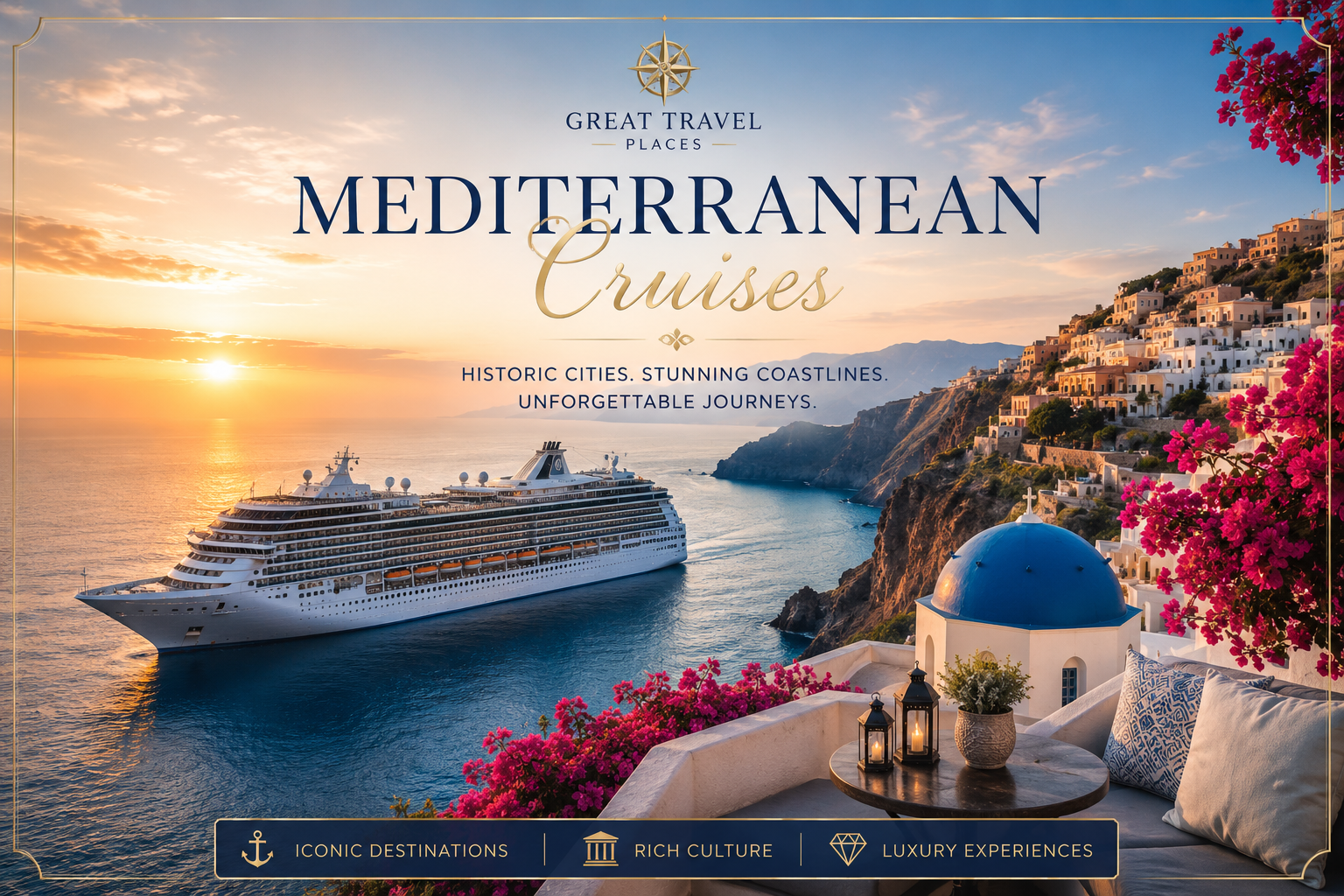 Mediterranean luxury cruise ship sailing past Santorini coastline at sunset with Great Travel Places branding and premium ocean travel experience scene