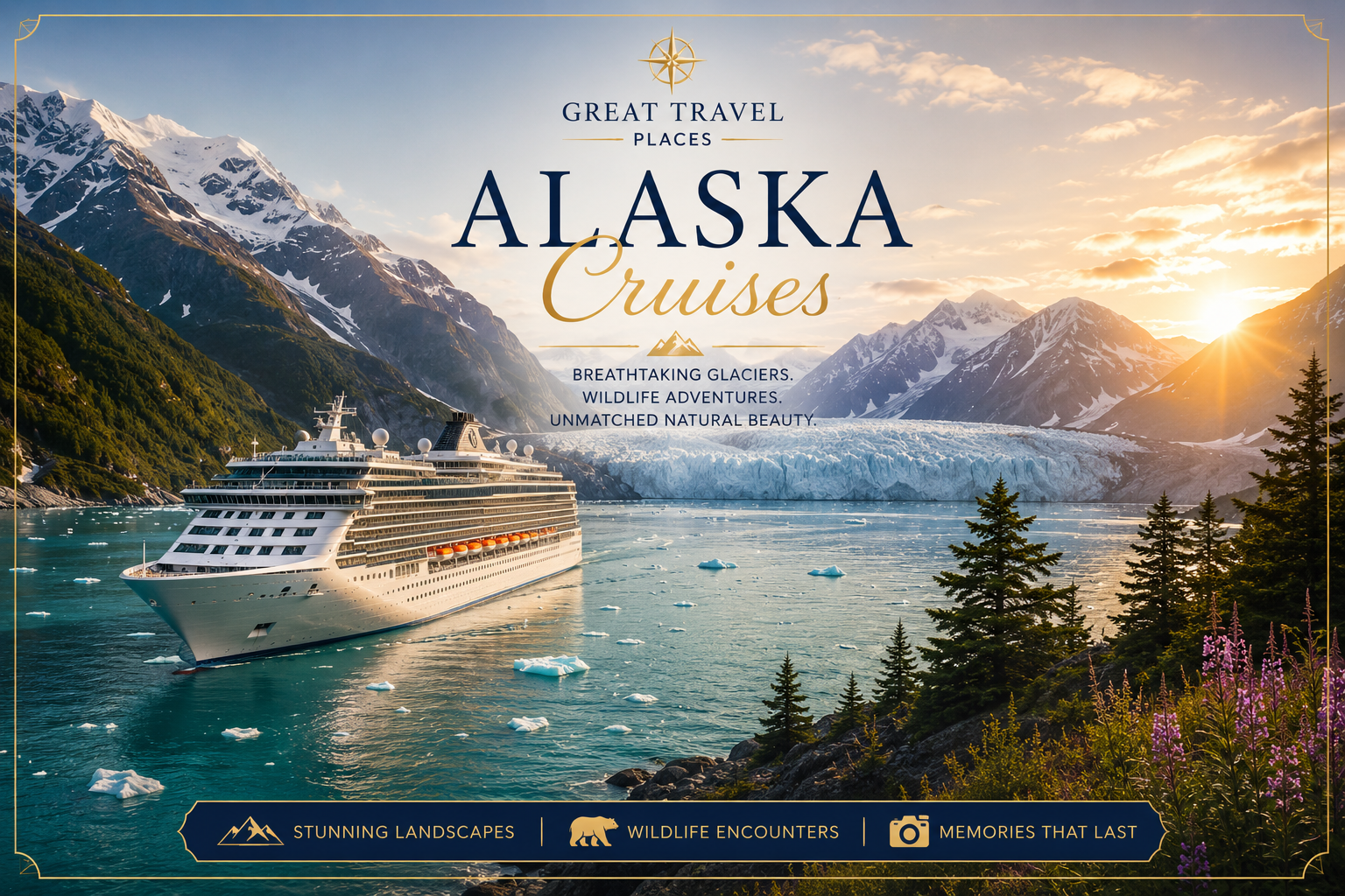 Luxury Alaska cruise ship sailing through glacier waters surrounded by snow-covered mountains with Great Travel Places branding and premium adventure travel experience scene.