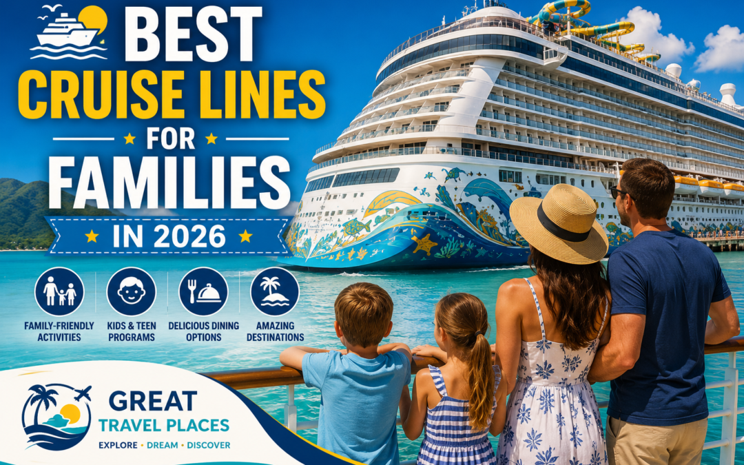 Best cruise lines for families in 2026 featuring a luxury cruise ship, family-friendly activities, and tropical Caribbean destinations.