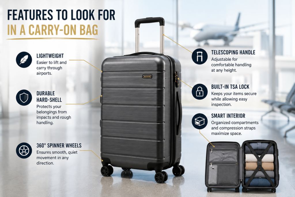 Premium hard-shell carry-on suitcase showing spinner wheels, TSA lock, telescoping handle, and organized interior compartments.