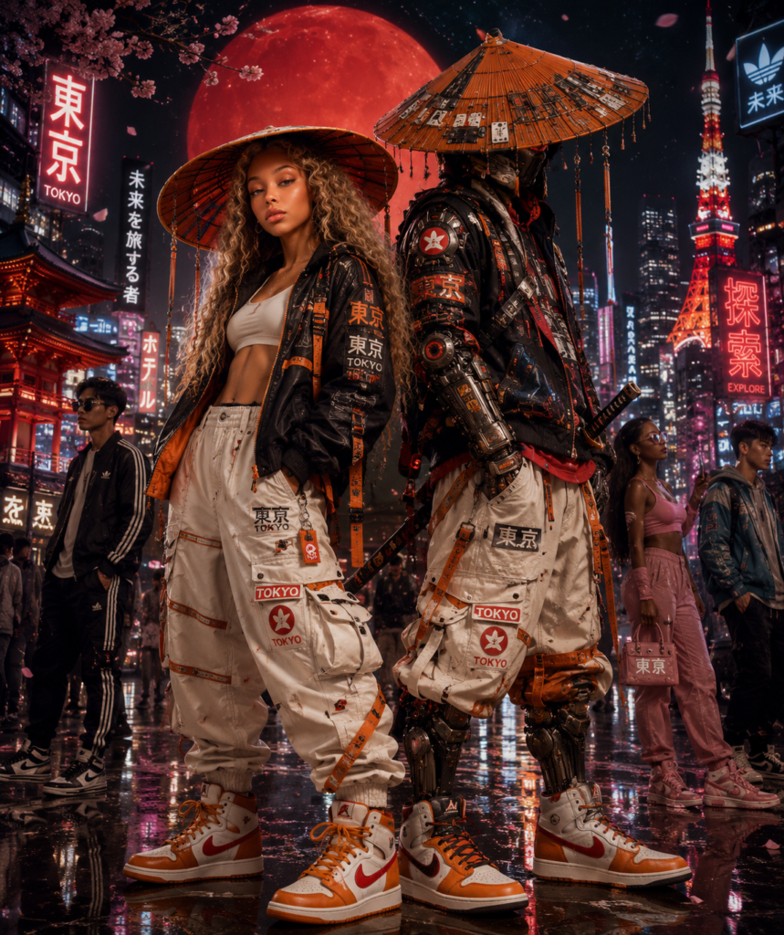 
Tokyo travel fashion inspiration with futuristic streetwear, cyberpunk style, luxury sneakers, and modern Japanese fashion for travelers.
