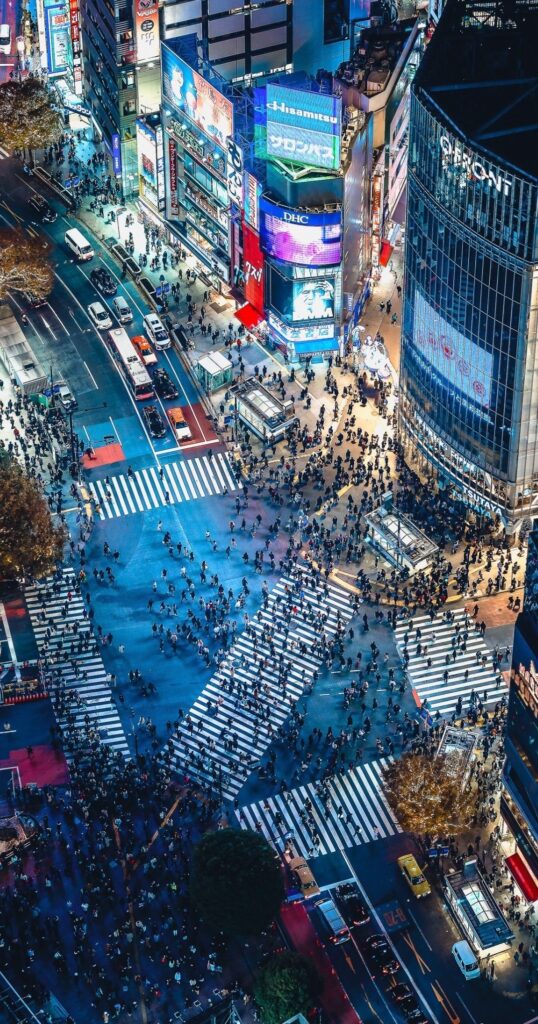 Neon lights illuminating Shibuya Crossing after sunset.
