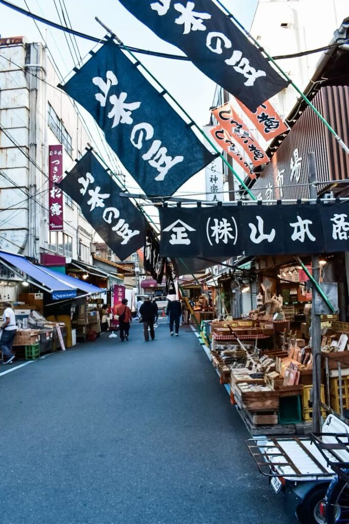 Seafood vendors at Tsukiji Outer Market.

