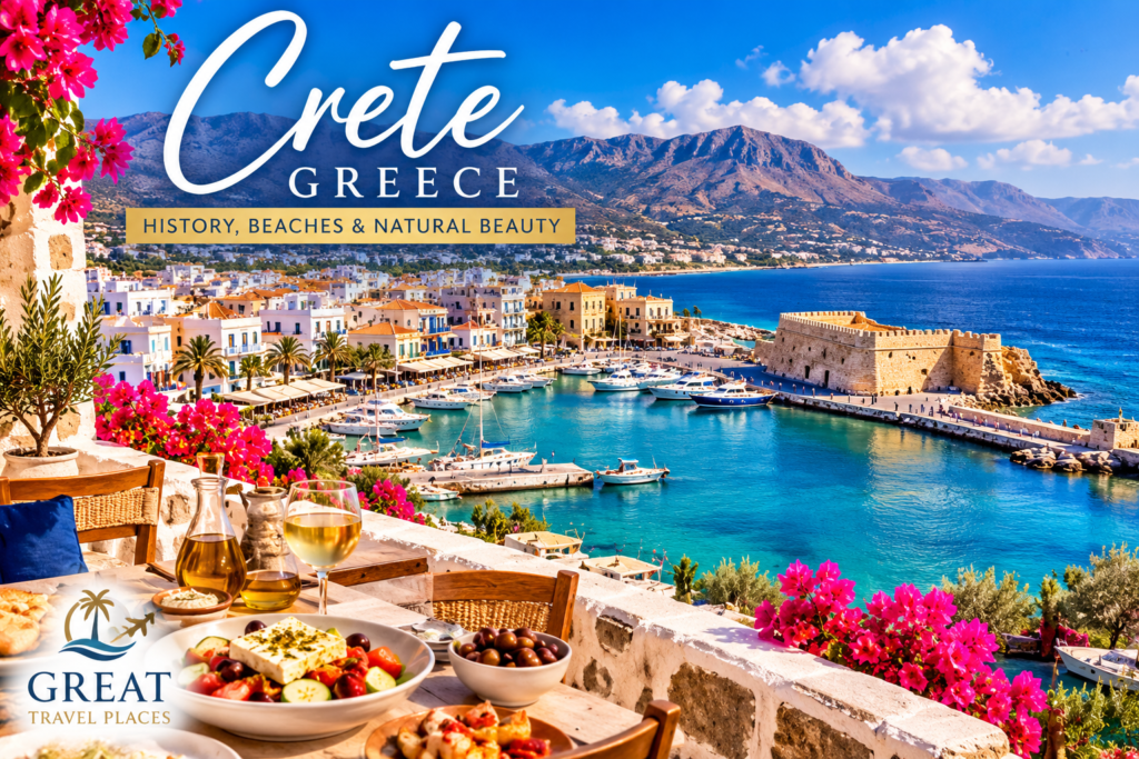 Crete, Greece featuring crystal-clear Mediterranean waters, historic coastal villages, ancient landmarks, rugged mountains, beautiful beaches, and scenic landscapes. Featured destination in the Great Travel Places Greece travel guide.