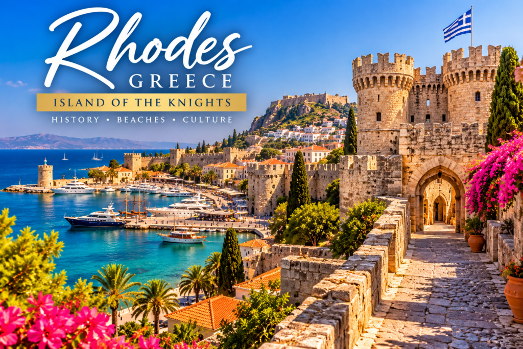 Rhodes, Greece features the medieval Old Town, the Palace of the Grand Master, historic stone streets, crystal-clear Mediterranean waters, ancient architecture, and scenic coastal views. Featured destination in the Great Travel Places Greece travel guide.