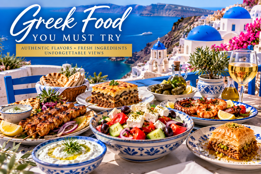 Traditional Greek cuisine featuring moussaka, souvlaki, fresh seafood, Greek salad, feta cheese, baklava, olive oil, and Mediterranean dining with scenic coastal views. Featured in the Great Travel Places Greece travel guide.