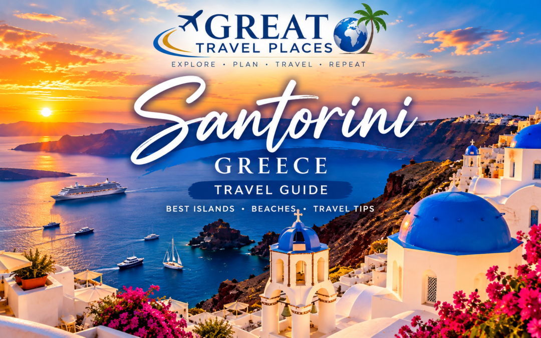 The Ultimate Greece Travel Guide featuring Santorini’s iconic blue domes, whitewashed buildings, crystal-clear Aegean Sea, breathtaking islands, beaches, and travel tips by Great Travel Places.