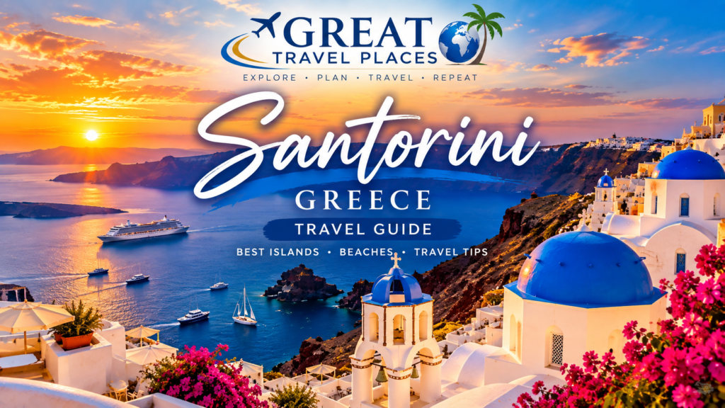 Santorini, Greece with iconic blue-domed churches, whitewashed cliffside villages, breathtaking caldera views, luxury terraces, vibrant sunsets, and the Aegean Sea. Featured destination in the Great Travel Places Greece travel guide.