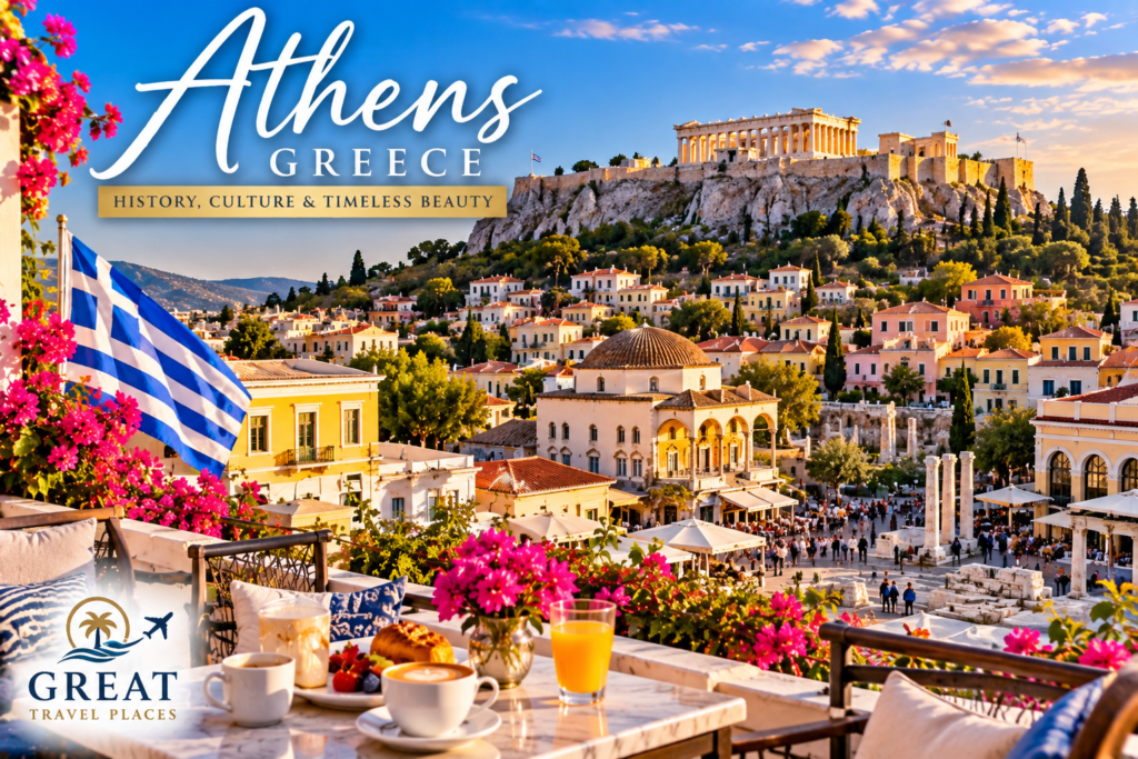 Plan your dream vacation with the Ultimate Greece Travel Guide by Great Travel Places. Explore Santorini, Athens, Mykonos, Crete, beautiful beaches, ancient landmarks, authentic Greek cuisine, luxury accommodations, and expert travel tips for an unforgettable journey through Greece.