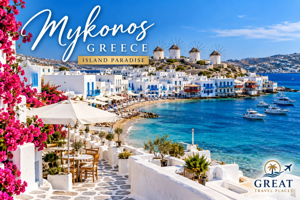 Mykonos, Greece with iconic whitewashed buildings, blue shutters, traditional windmills, crystal-clear Aegean Sea, luxury waterfront cafés, and vibrant bougainvillea flowers. Featured destination in the Great Travel Places Greece travel guide.
