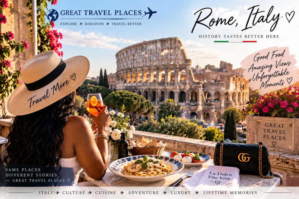 Luxury travel experience in Rome, Italy overlooking the Colosseum with Great Travel Places branding, Italian cuisine, and unforgettable city views.