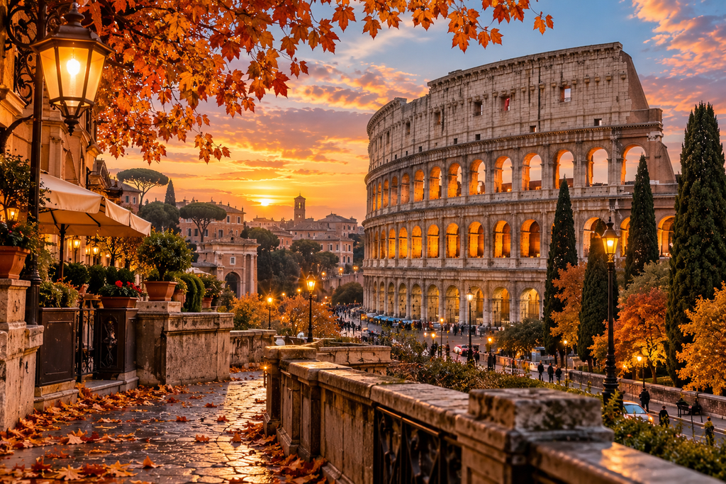 Rome Italy in fall with the Colosseum, colorful autumn foliage, and golden sunset.
