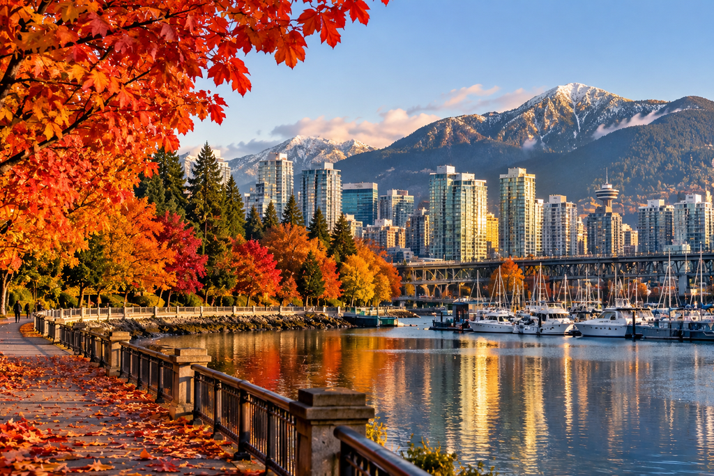 Vancouver Canada in fall with colorful autumn foliage, waterfront, city skyline, and mountains.