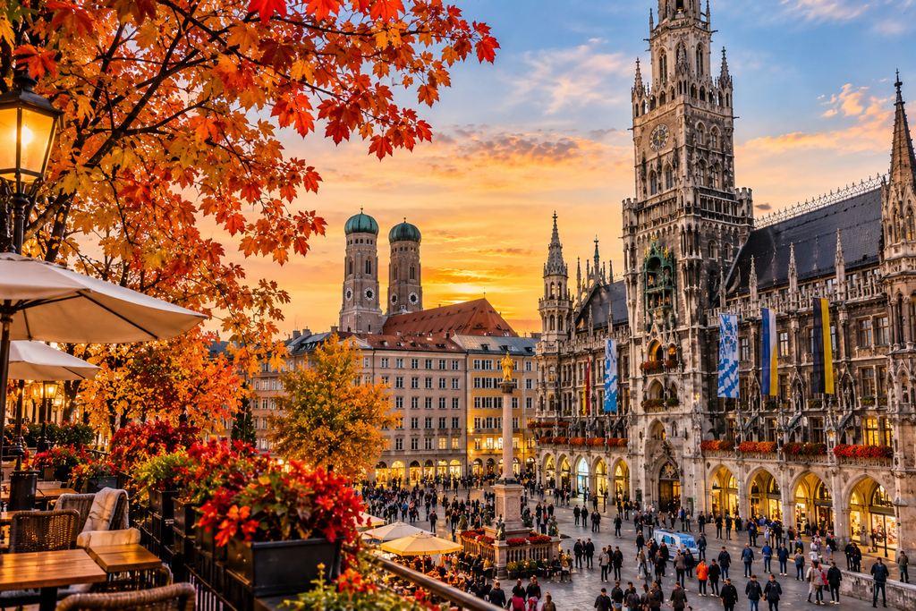 Munich Germany in fall with Marienplatz, colorful autumn foliage, and historic architecture.
