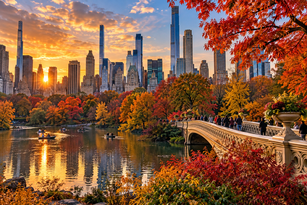 New York City Central Park in fall with colorful autumn foliage and Manhattan skyline.