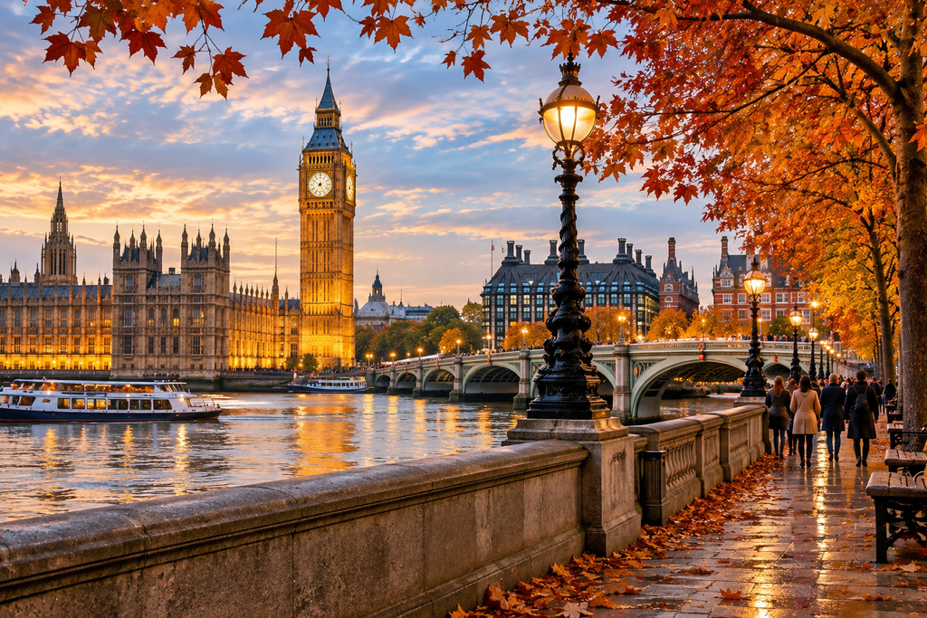 London England in fall with Big Ben, River Thames, and colorful autumn foliage.
