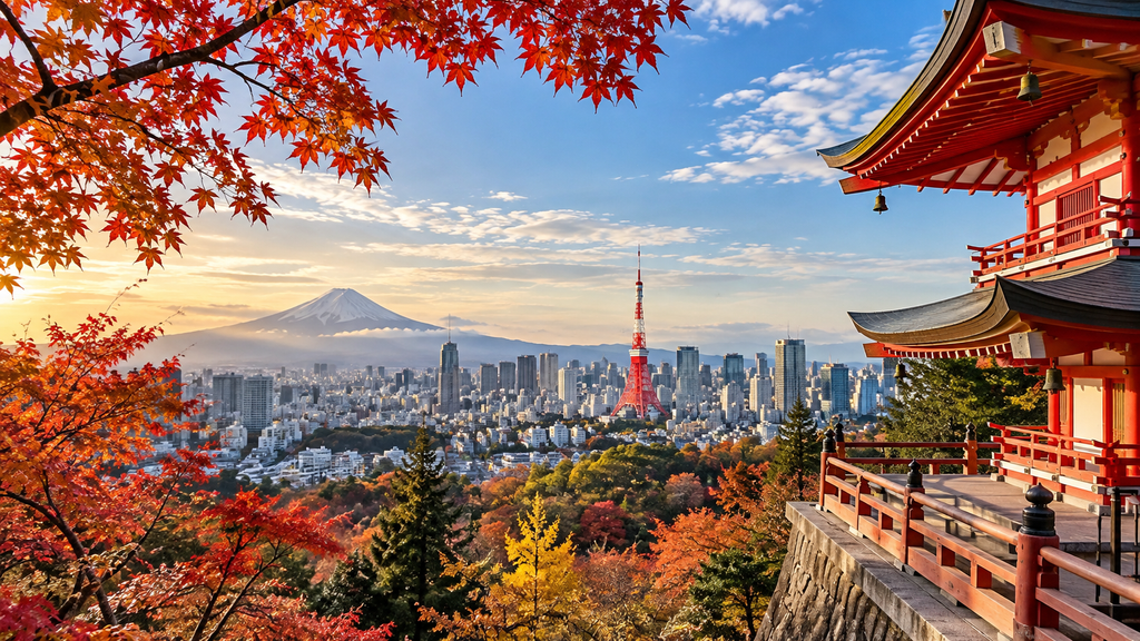 Autumn scenery in Tokyo, Japan featuring colorful fall foliage, modern skyline, and iconic city landmarks during the fall season.