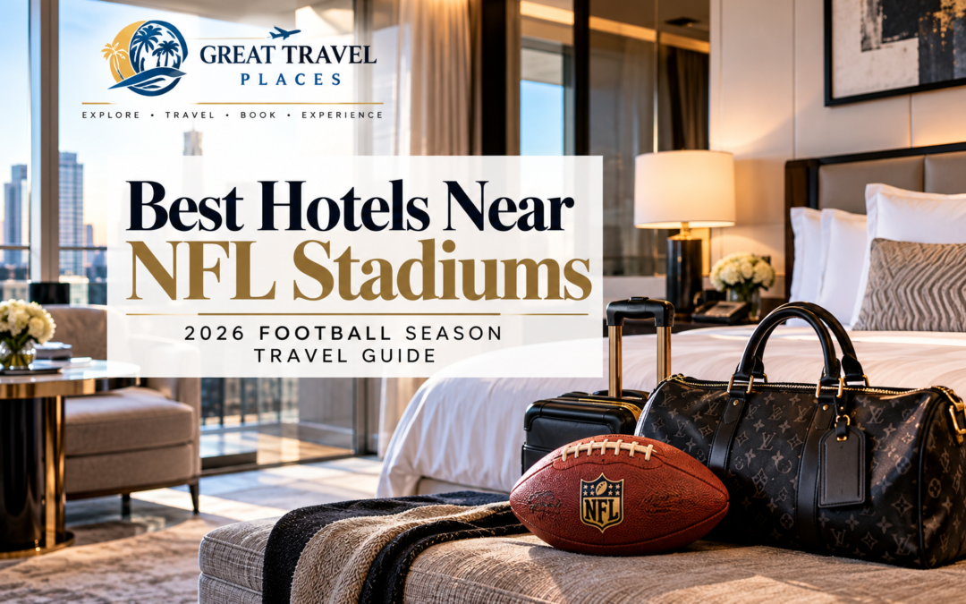 Luxury hotel room with premium travel luggage for the Best Hotels Near NFL Stadiums 2026 Football Season Travel Guide.