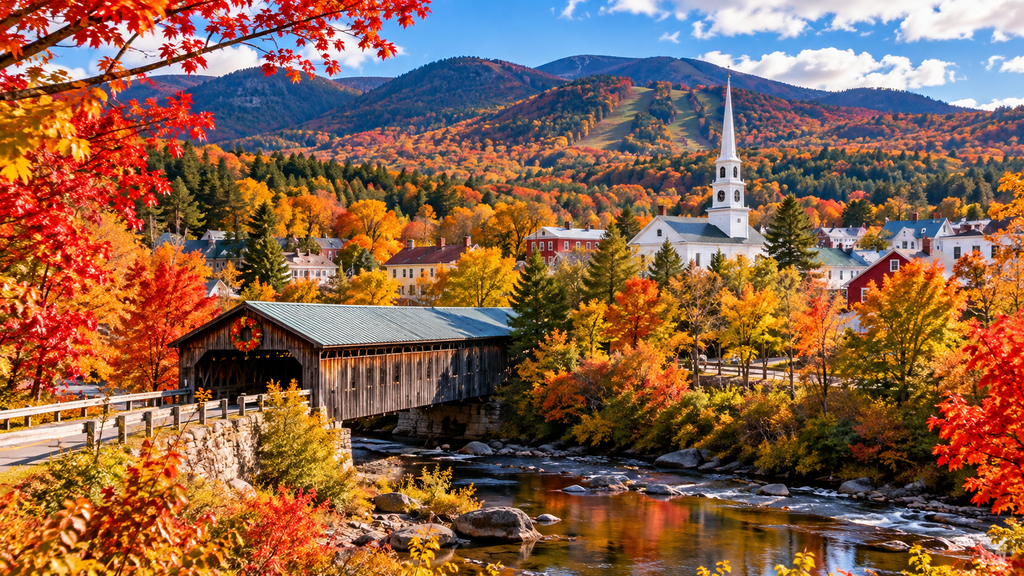 Colorful fall foliage in Stowe, Vermont with covered bridges, scenic mountain views, and vibrant autumn landscapes.
