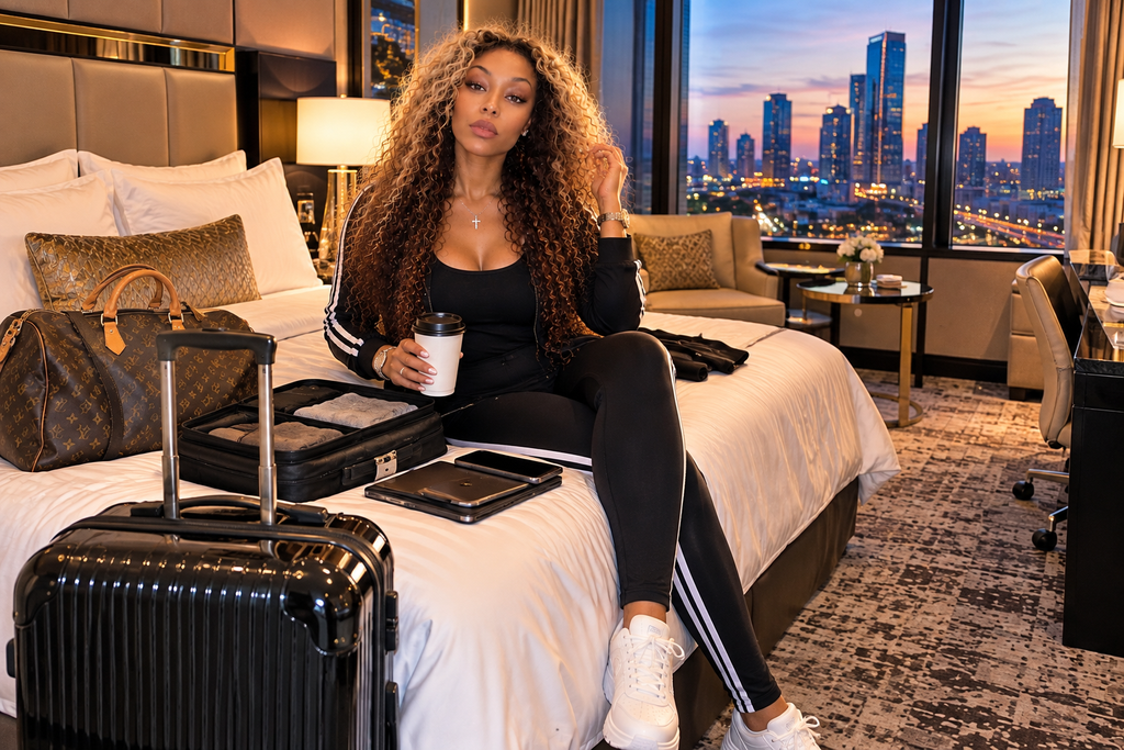 Stylish traveler relaxing in a luxury hotel room with packed luggage before a football weekend getaway